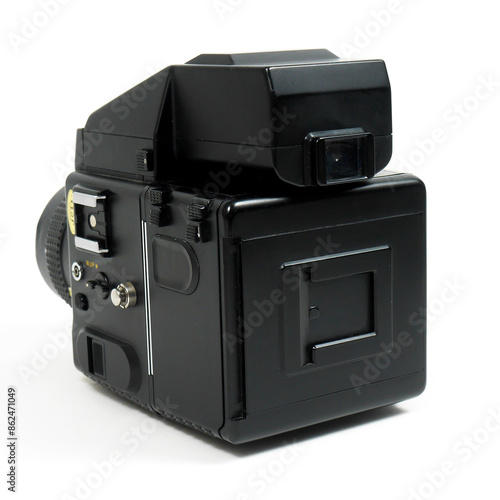 Isolated view of a Vintage 80s Medium format 6x4.5 Reflex SLR camera on a white background
 photo