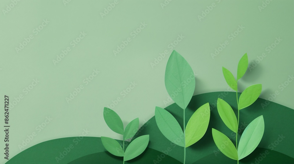 Fototapeta premium Minimalist green paper cutout design with abstract plant shapes on gradient background, perfect for eco-friendly and nature-themed projects.