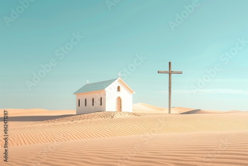 White church in the desert. Religious architecture. © Obsidian