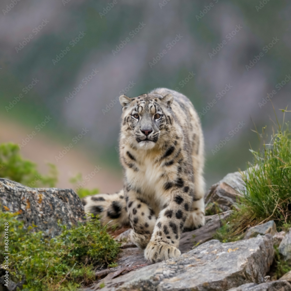 Naklejka premium a snow leopard stealthily moving into a rocky mountain habitat in summer season