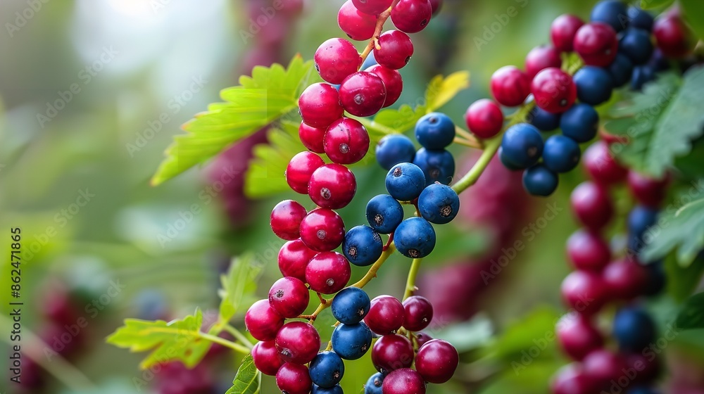 A close-up of red and blue berries growing on a vine with green leaves in the background A close-up of red and blue berries growing on a vine with green leaves in the background