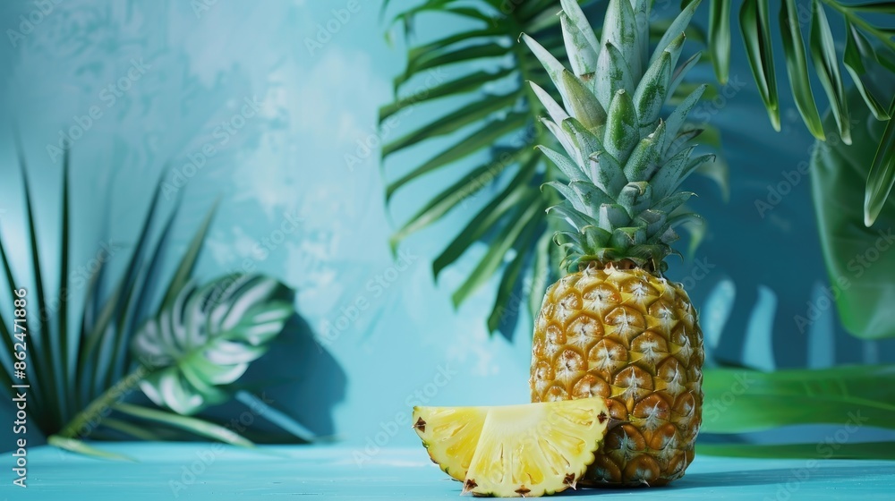 Fresh pineapple with palm and monstera leaves on blue table Fresh pineapple with palm and monstera leaves on blue table