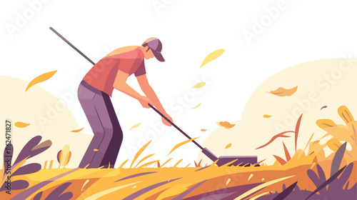 Man mowing grass with scythe line icon. flat vector