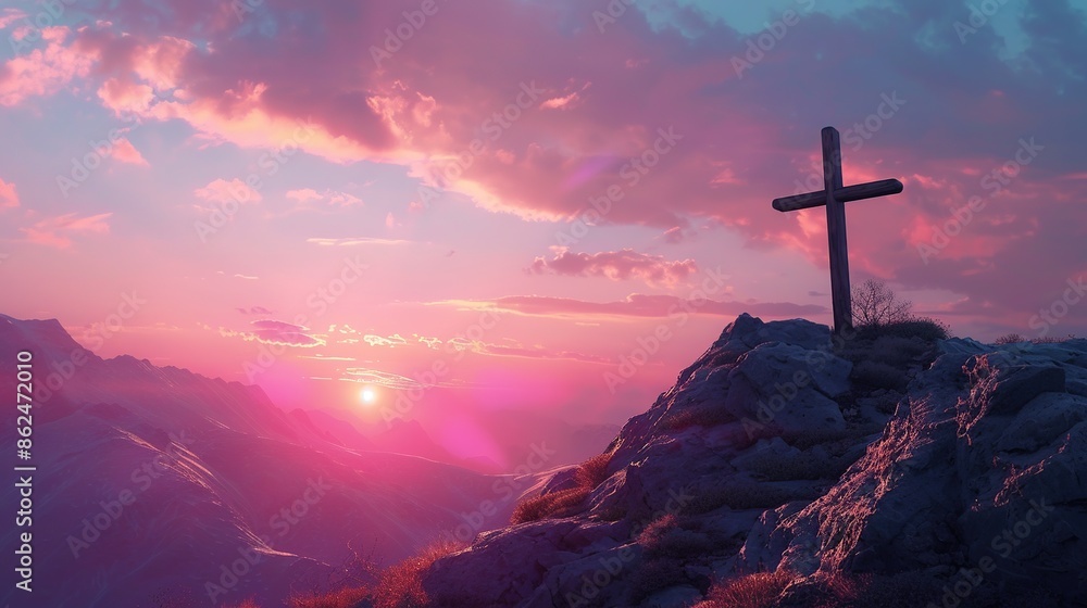 Wooden cross on the top of a mountain at sunset. 3D render Wooden cross on the top of a mountain at sunset. 3D render
