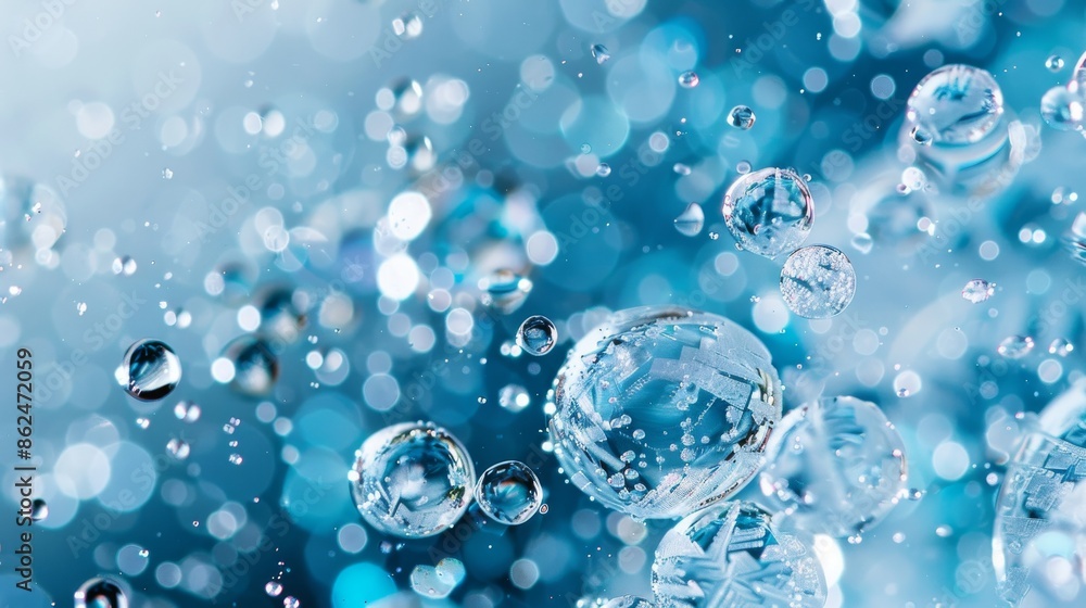 Crystal-clear water droplets cling to a bright blue surface (macro illustration) Crystal-clear water droplets cling to a bright blue surface (macro illustration)