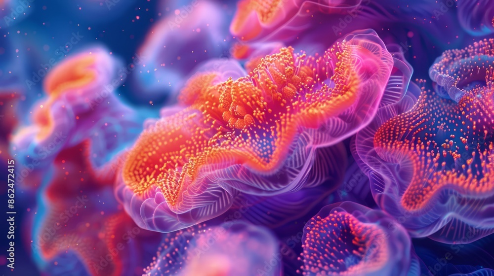 Vibrant Neon Coral Reefs in Abstract Digital Artwork with Deep Blues and Purples Vibrant Neon Coral Reefs in Abstract Digital Artwork with Deep Blues and Purples