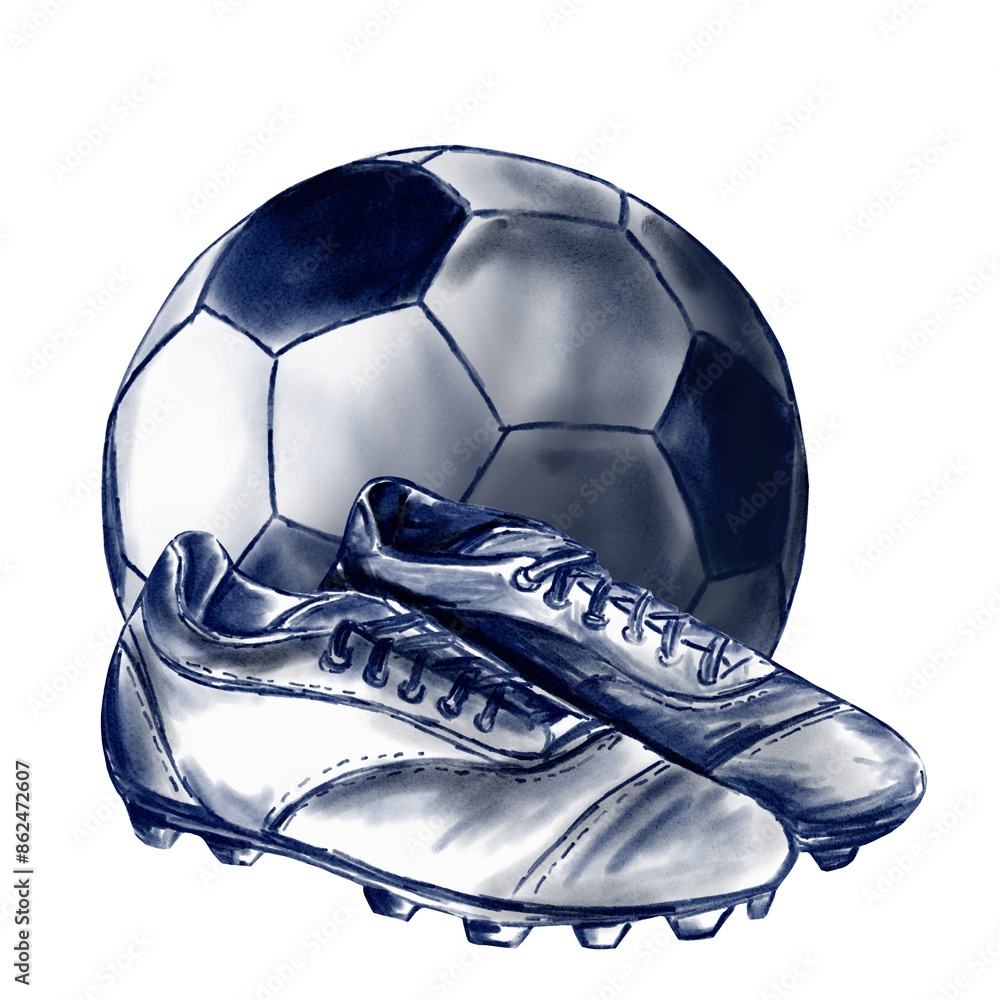 football accessories. A ball next to a pair of football boots. Monochrome watercolor illustration in blue. без названия football accessories. A ball next to a pair of football boots. Monochrome watercolor illustration in blue. без названия