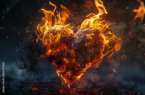 Flaming Human Heart 3D Render With Detailed Anatomical Features
