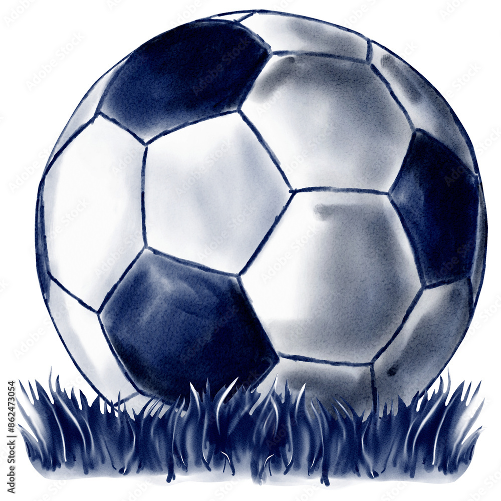 Naklejka premium A soccer ball lies on the grass. Watercolor illustration in blue. Front view.