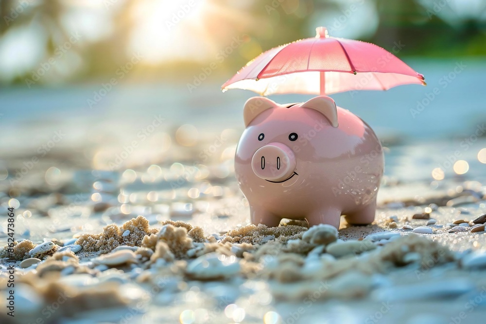 cute pink piggy bank sitting under a small parasol on the beach ...