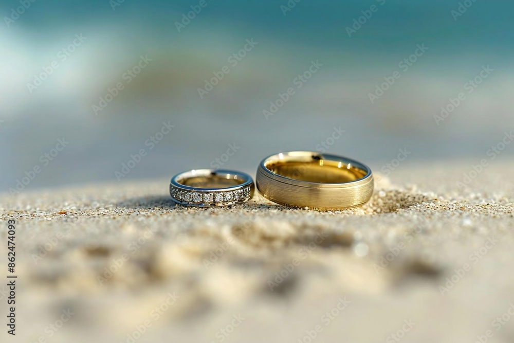 close-up shot of two golden wedding rings placed in the sand at a beautiful beach setting, symbolizing love, marriage, and commitment. close-up shot of two golden wedding rings placed in the sand at a beautiful beach setting, symbolizing love, marriage, and commitment.