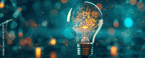 Light bulb on the wall glowing brightly with energy and innovation photo