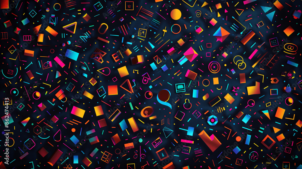 A geometric pattern in bold neon colors against a black background. Simple shapes like squares, triangles, and circles are arranged in a repetitive yet visually interesting way. A geometric pattern in bold neon colors against a black background. Simple shapes like squares, triangles, and circles are arranged in a repetitive yet visually interesting way.