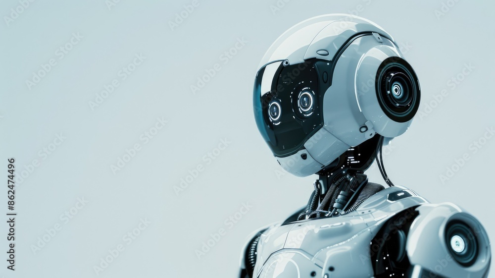 Futuristic robot with humanoid head and torso, set against light blue background Futuristic robot with humanoid head and torso, set against light blue background