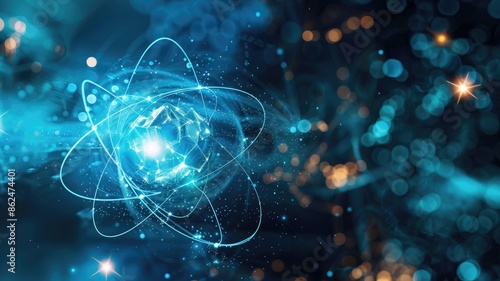 Digital illustration of atom with glowing electrons in blue abstract environment suggesting atomic structure and energy photo