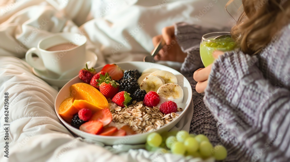 Obraz premium Person enjoying a gourmet breakfast in bed