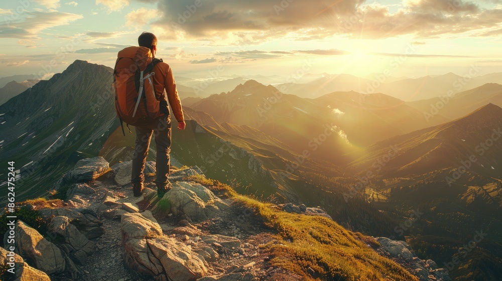 Fototapeta premium Person hiking at sunrise on mountain ridge