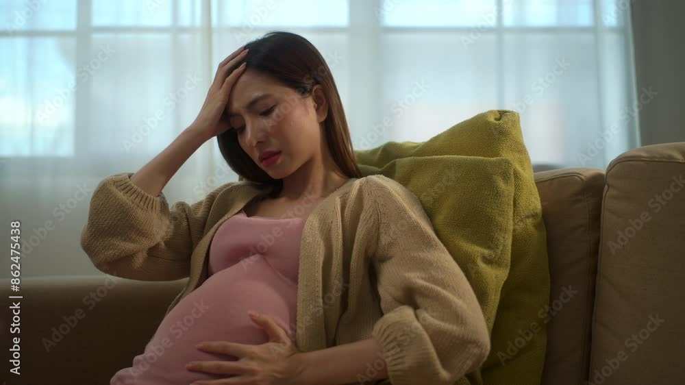 Young pregnant woman suffering from headache and abdominal pain alone at home, tired and stressed female during pregnancy, accidental medical urgency case and health care insurance for pregnancy.
Young pregnant woman suffering from headache and abdominal pain alone at home, tired and stressed female during pregnancy, accidental medical urgency case and health care insurance for pregnancy.