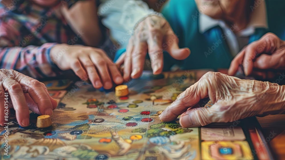Obraz premium A group of senior people is playing board games together. Elderly people play board games.
