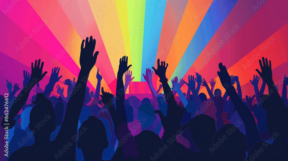 A crowd of people are dancing and singing at a concert A crowd of people are dancing and singing at a concert