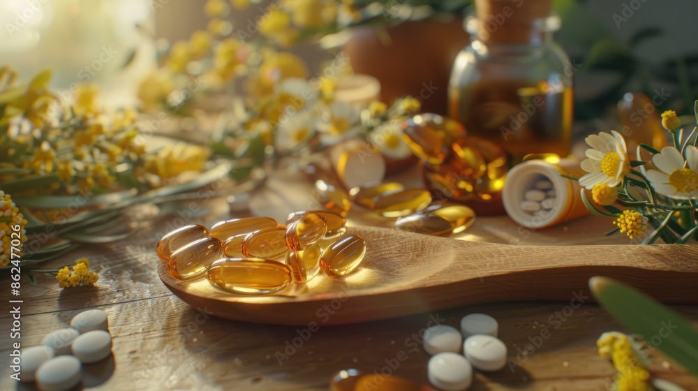 Various natural health products including herbs, Different pills and flowers on wooden table.