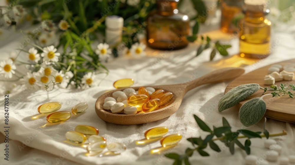 Various natural health products including herbs, Different pills and flowers on wooden table. Various natural health products including herbs, Different pills and flowers on wooden table.