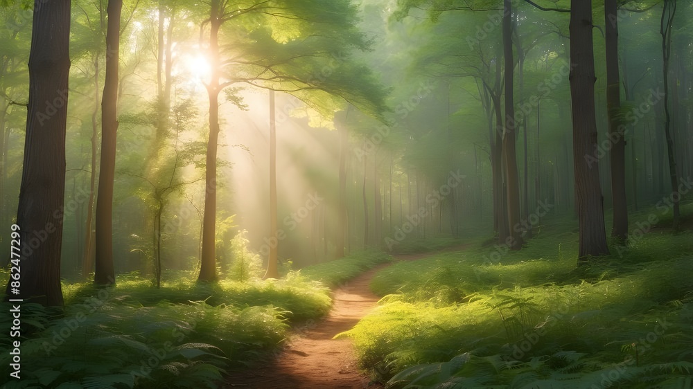 Lovely sunlight beams on a verdant forest Lovely sunlight beams on a verdant forest