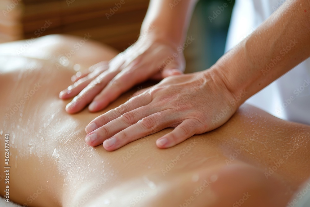 A close-up view of hands performing a deep tissue massage on a person's back, emphasizing relaxation and therapy A close-up view of hands performing a deep tissue massage on a person's back, emphasizing relaxation and therapy