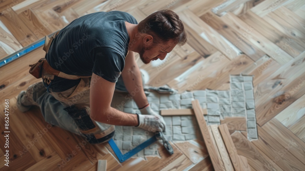 Professional worker installing new parquet flooring indoors, closeup. Professional worker installing new parquet flooring indoors, closeup.