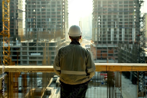 Rear view of construction worker in safety gear overseeing building site with rising skyscrapers, sunlight in the background. © GenBy