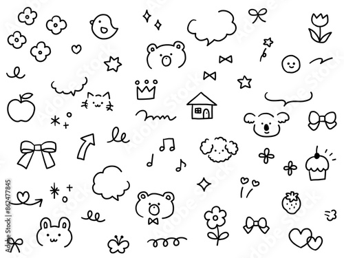 Canvas Print 手描きのかわいい飾りイラストのベクターイラストセット　ふきだし　ハート　動物　星　花　矢印　リボン