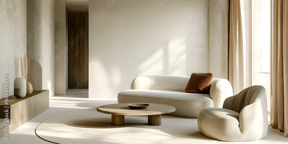 Interior boho beige fabric sofa in white room Interior boho beige fabric sofa in white room