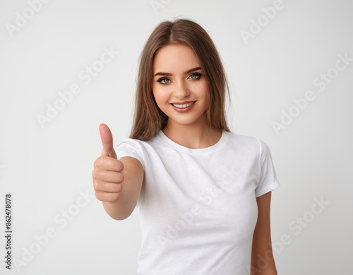 Wallpaper Mural Portrait of young attractive woman dressed  casual, 
showing positive gesture, smiling, happy, thumb up, slim, beautiful, looking in camera Torontodigital.ca
