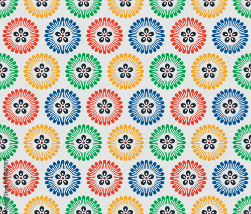 Japanese Colorful Circle Flower Vector Seamless Pattern