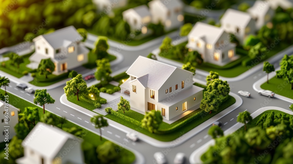 Model house in a green residential area, surrounded by vibrant trees and lush greenery, emphasizing environmental sustainability Model house in a green residential area, surrounded by vibrant trees and lush greenery, emphasizing environmental sustainability