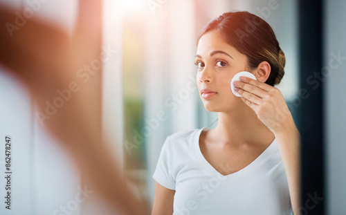 Woman, mirror and cotton pad for skincare, dermatology and wellness in house with self care. Girl, reflection and cosmetic swab for beauty, makeup remover and toner with facial cleansing in bathroom Free Download Woman, mirror and cotton pad for skincare, dermatology and wellness in house with self care. Girl, reflection and cosmetic swab for beauty, makeup remover and toner with facial cleansing in bathroom - GFXLoad