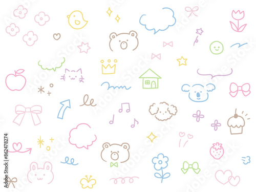 手描きのかわいい飾りイラストのベクターイラストセット　ふきだし　ハート　動物　星　花　矢印　リボン