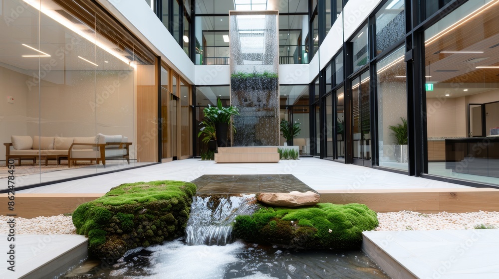 Office lobby indoor courtyard with a small waterfall, moss-covered seating area, and a comfortable, good mood environment Office lobby indoor courtyard with a small waterfall, moss-covered seating area, and a comfortable, good mood environment