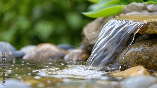 Small waterfall flowing gently, designed for water therapy, providing a refreshing experience and enhancing a good mood photo