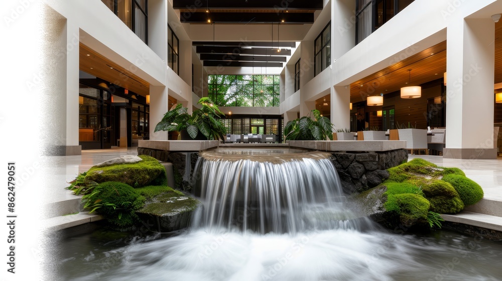 Fototapeta premium Tranquil indoor courtyard in a hotel lobby, small waterfall flowing by moss-covered seating, creating a comfortable, good mood atmosphere