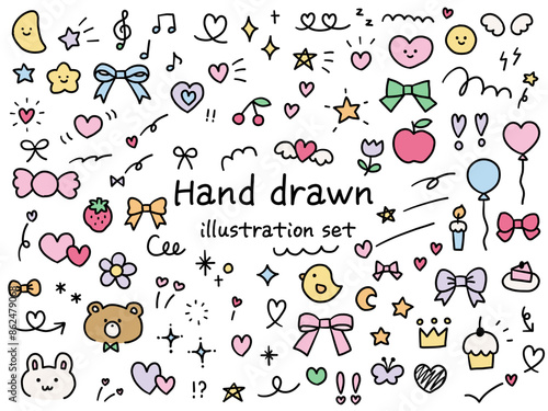 手描きのかわいい飾りイラストのベクターイラストセット　ハート　動物　星　花　手書き　リボン　苺　