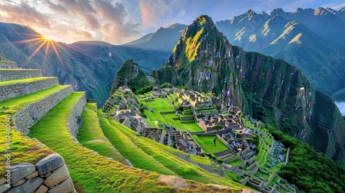 Machu Picchu with lush green terraces, towering Andes mountains, golden sunset light, digital art, breathtaking scenery