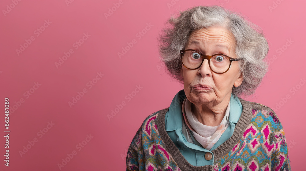 Funny senior lady looking at camera with confused face on pink background Funny senior lady looking at camera with confused face on pink background