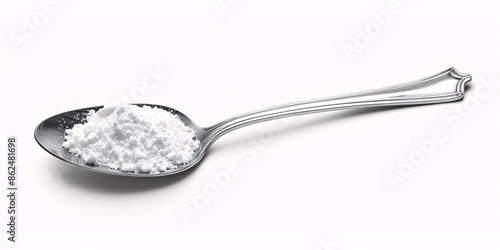 A spoonful of sodium bicarbonate on a white background.