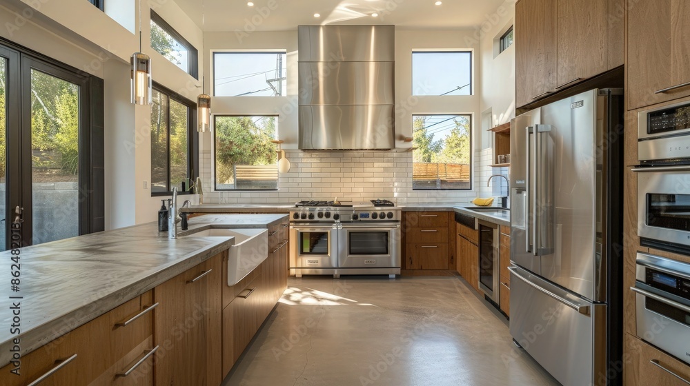 modern empty kitchen interior with large glassy window modern empty kitchen interior with large glassy window