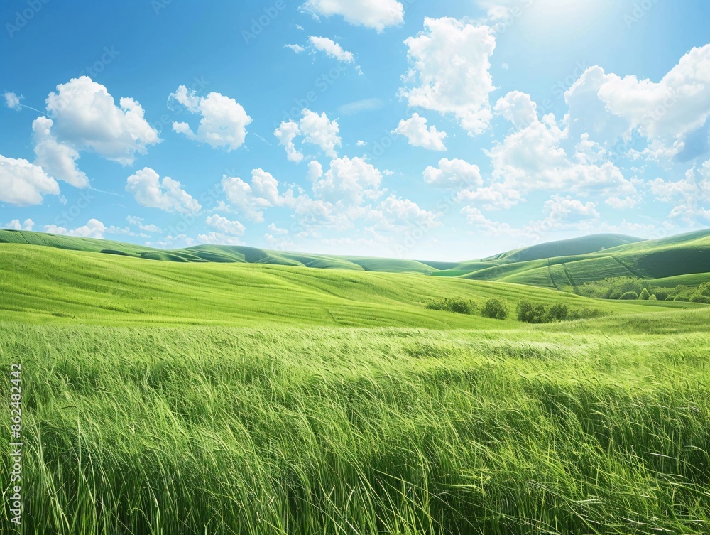 Fototapeta premium A wide view of a sunlit grassy field with rolling hills in the background, the fresh summer grass swaying gently in the light breeze under a clear, sunny sky with scattered white clouds