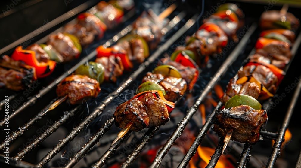 Grilling delicious shashlik on barbecue grill Grilling delicious shashlik on barbecue grill