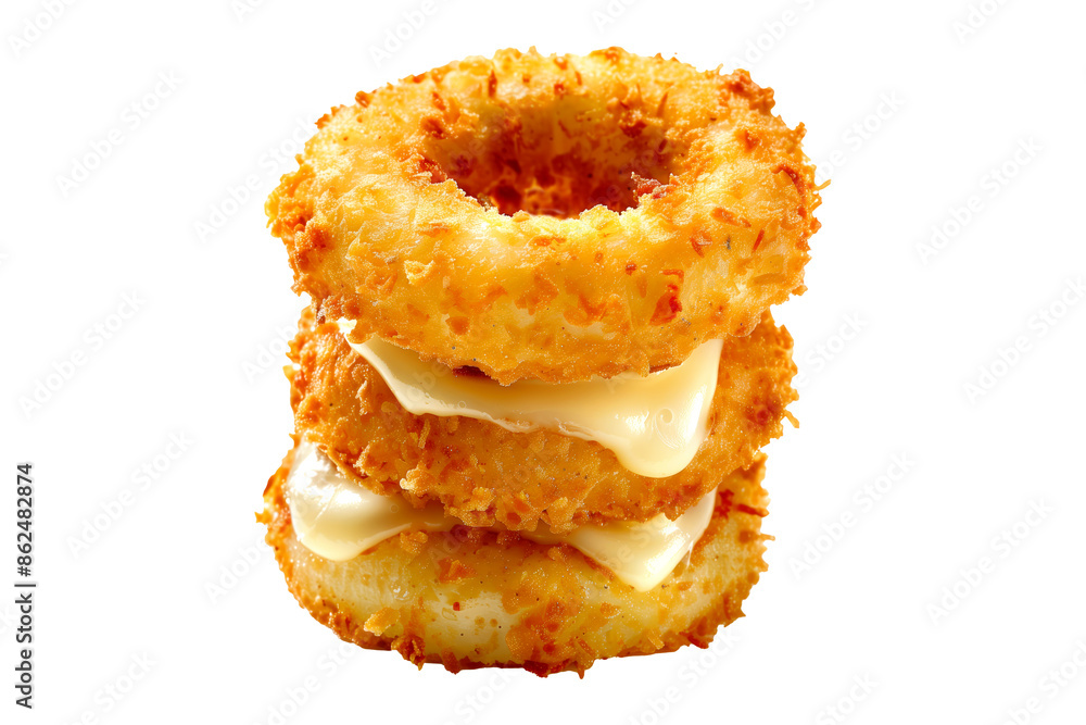 Closeup of stack of crunchy battered onion rings isolated on a white transparent background. Closeup of stack of crunchy battered onion rings isolated on a white transparent background.