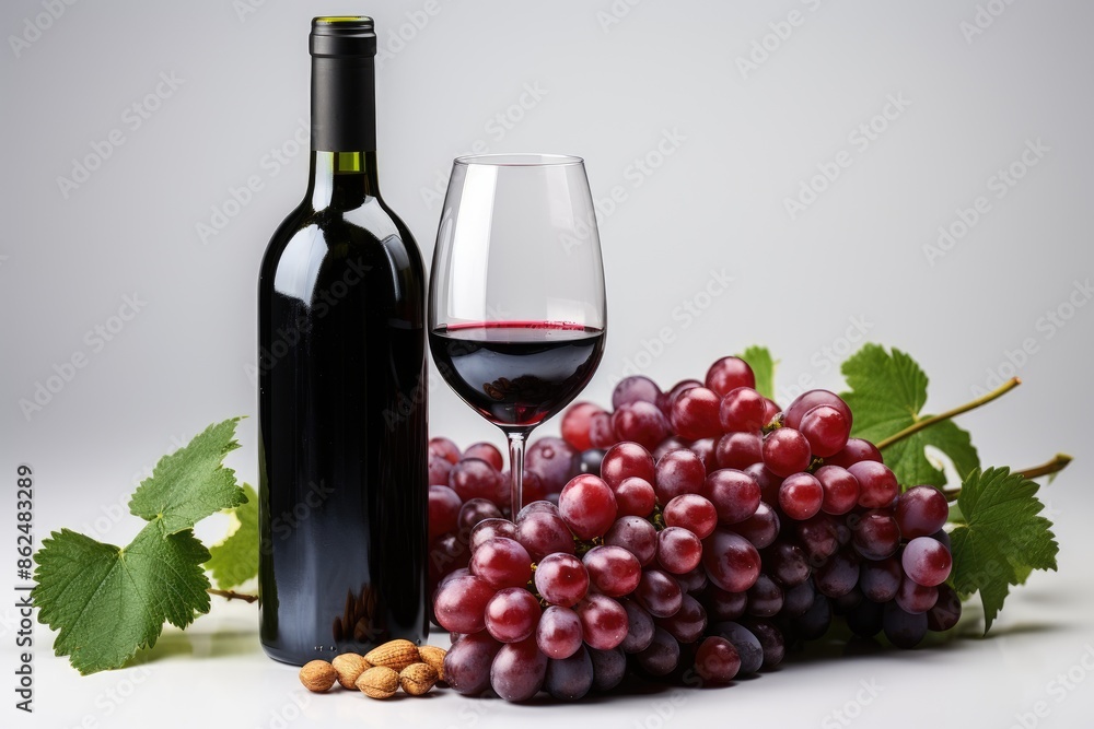 Obraz premium Red wine bottle with wine grapes,isolation white background