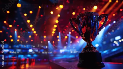  eSports Winner Trophy Standing on a Stage in the Middle of the Computer Video Games Championship Arena